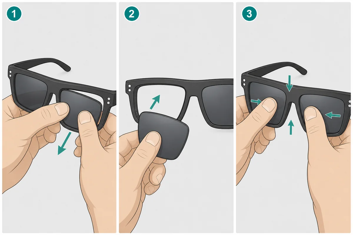 Oakley Holbrook lens replacement steps: push out from inside, position and press in