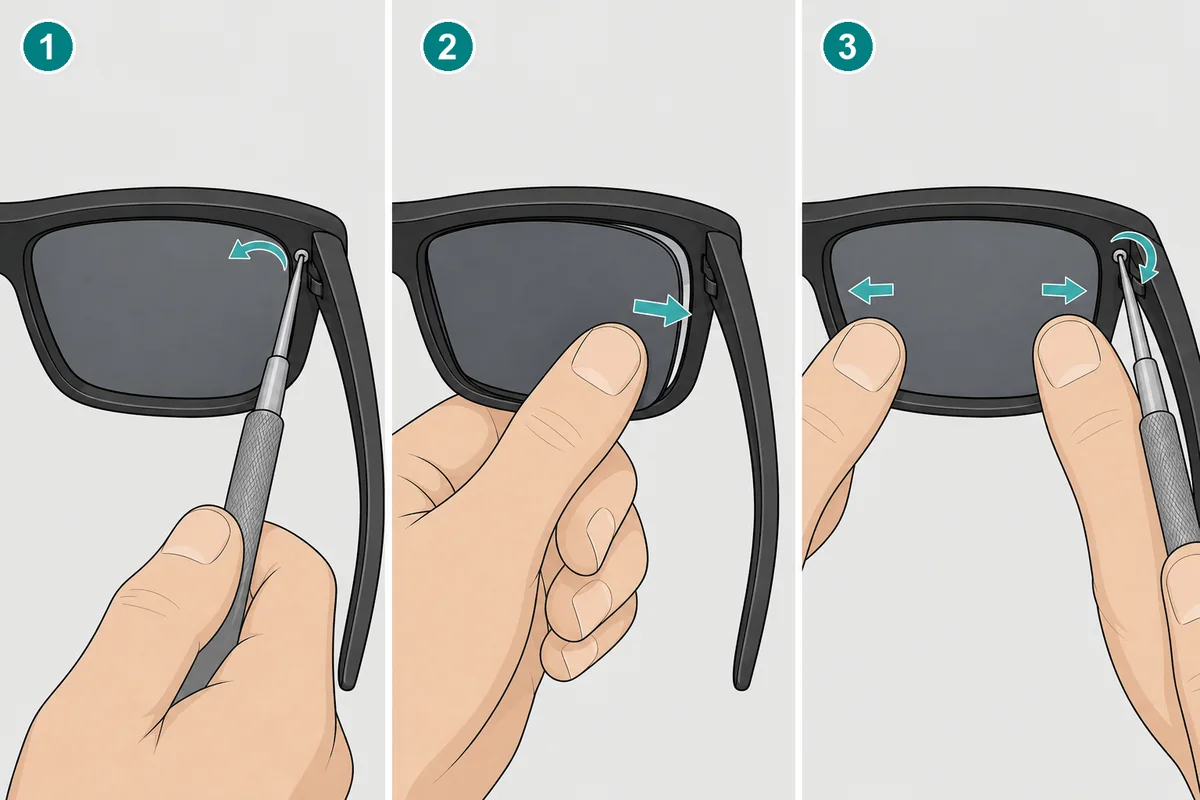 Oakley TwoFace lens replacement steps: loosen the screw, remove the lens and tighten again