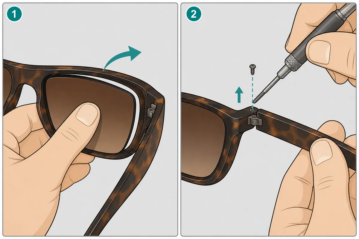Ray-Ban 4068 lens replacement by pushing from inside and removing the temple screw