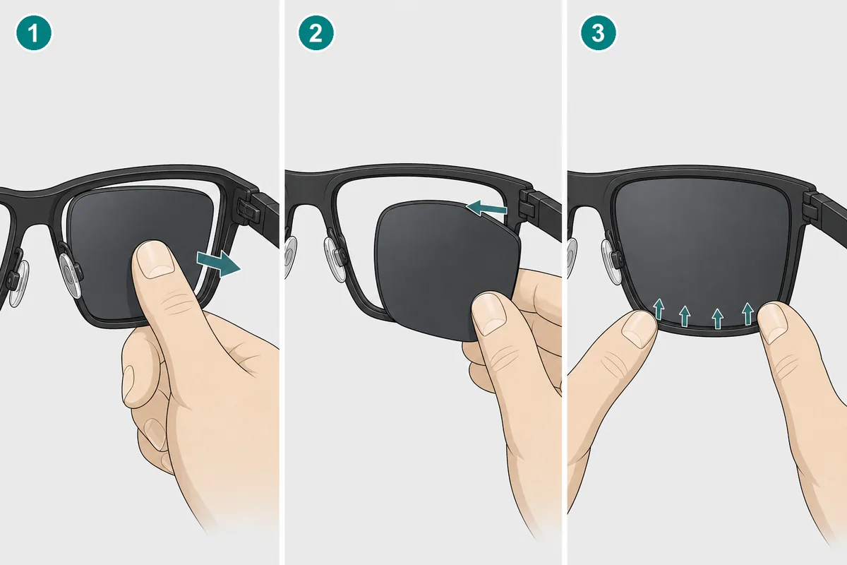 Ray-Ban 4264 lens replacement steps: push out, position and seat the lens
