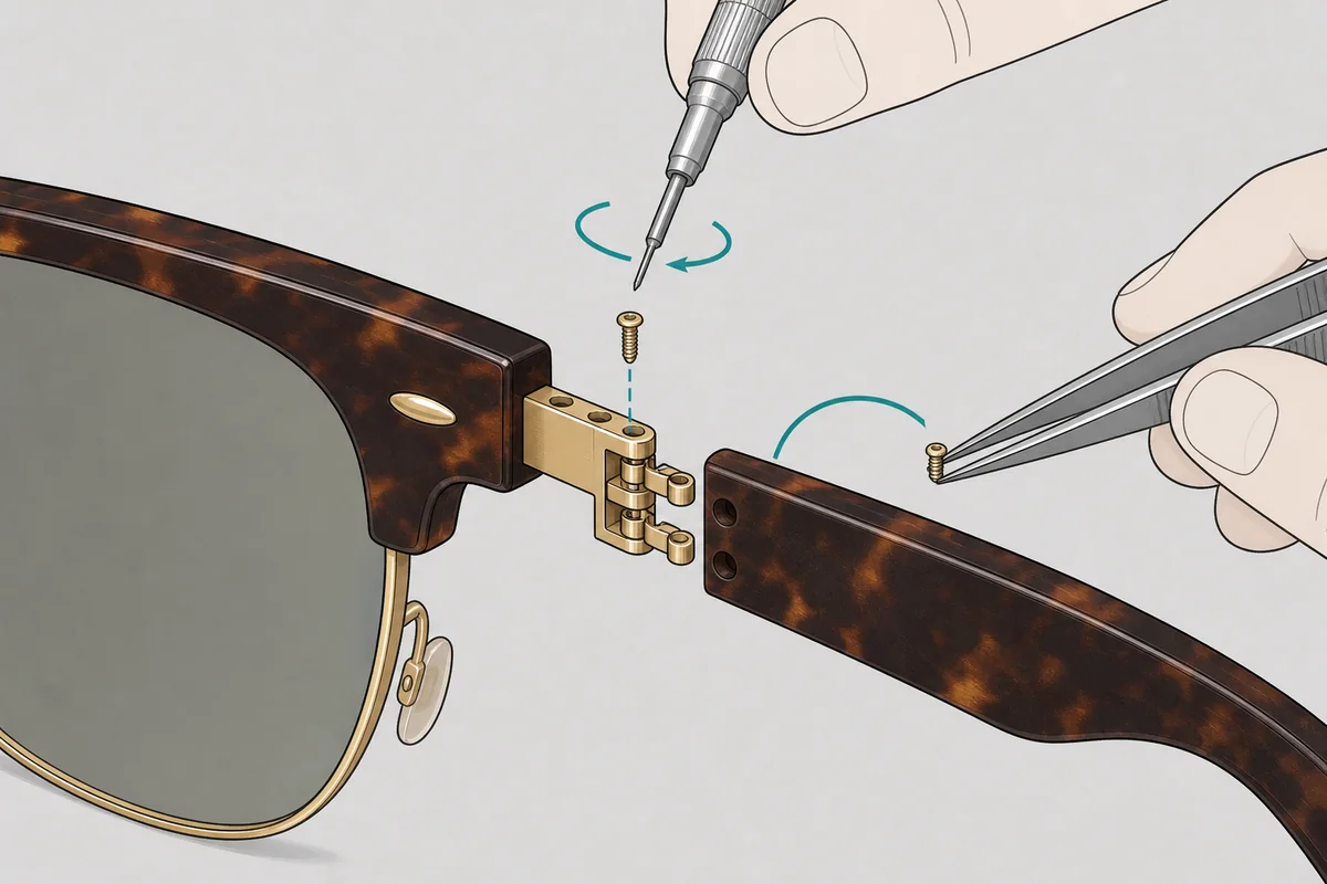 Ray-Ban Clubmaster arm replacement: hinge screw, screwdriver and tweezers