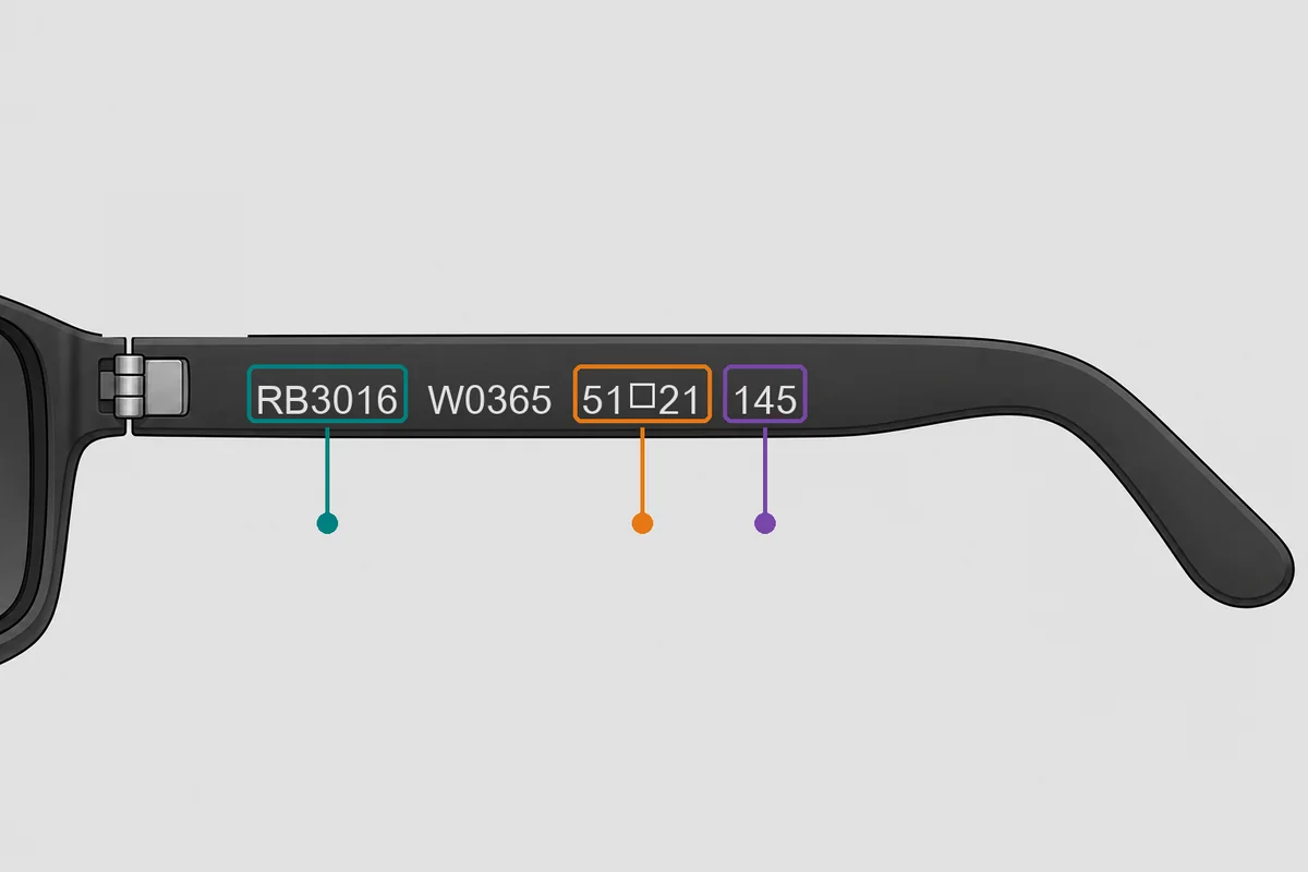 Where to find the RB3016 model, lens size and temple length on Ray-Ban Clubmaster arms