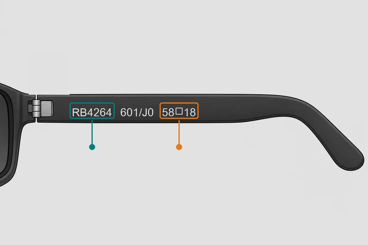 Where to find the RB4264 model number and size 58 on the Ray-Ban temple