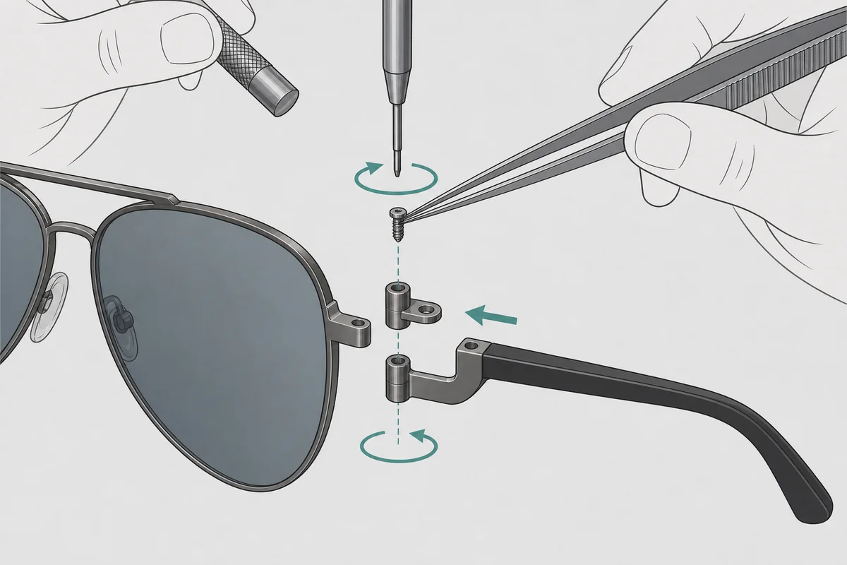 Ray-Ban RB8313 arm replacement: metal hinge, screw, screwdriver and tweezers
